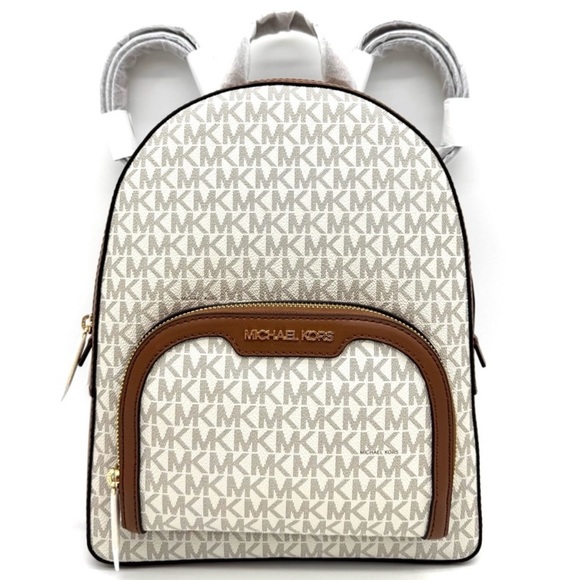 Michael Kors Medium Jaycee Zip Pocket Logo Backpack Vanilla/Brown - Picture 1 of 11